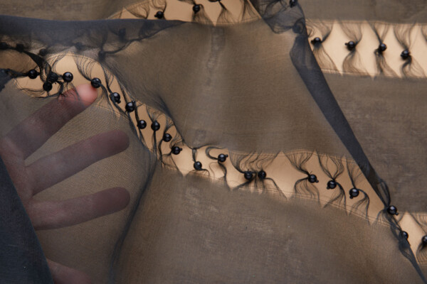 Vintage Black Silk Organza with Laddered Threads and Black Pearls 