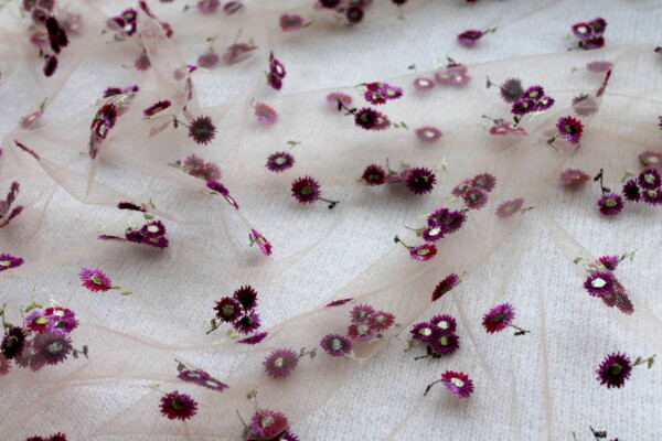 Floral Embroidered Daisies on Tulle - Pinks and Purples on Nude fabric