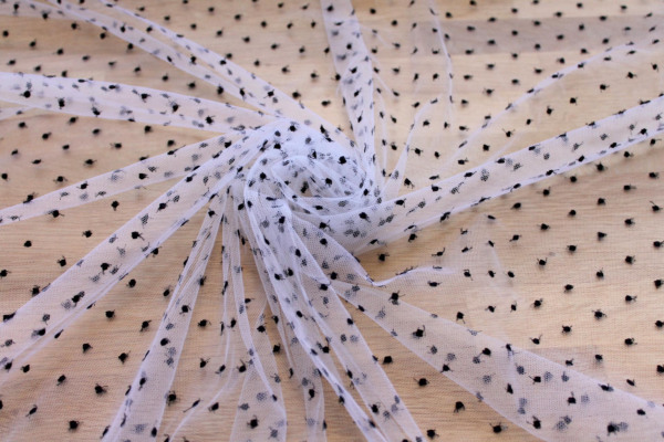 Embroidered Polka Dot / Spot Tulle - Small Black on White fabric