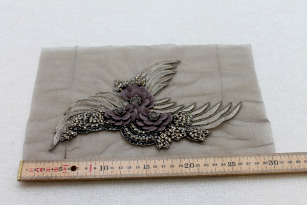 Floral Beaded Diamante Motif in Anthracite / Grey - Left trim