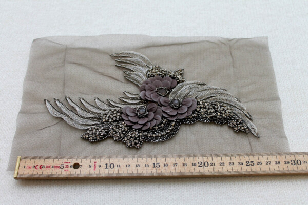 Floral Beaded Diamante Motif in Anthracite / Grey - Right trim