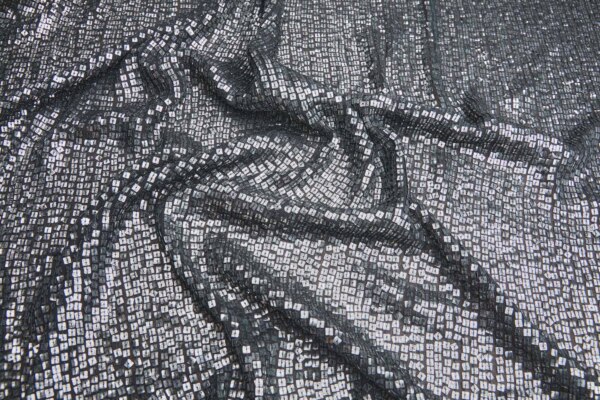 Tarnished Silver Square Sequin On Black Silk Chiffon fabric