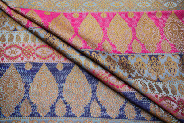 Banaras Brocade - Stripe Paisley in Dusty Blues, Pinks and Navy Blue fabric