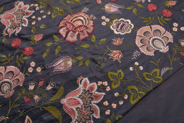 Large Floral Embroidery on Black Silk Dupion fabric