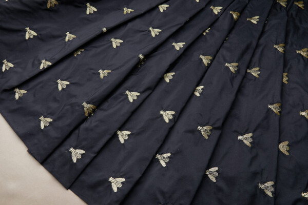 Silk Dupion Embroidered with Bees - Black / Gold fabric