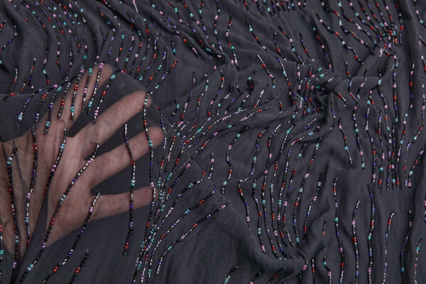 Vintage Black Silk Chiffon w/Beaded Squiggle Lines in Black, Red, Pink, Turquoise and Blue fabric