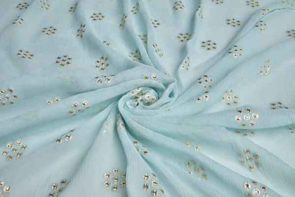 Gold Circles on Mint Crinkle Silk Chiffon fabric