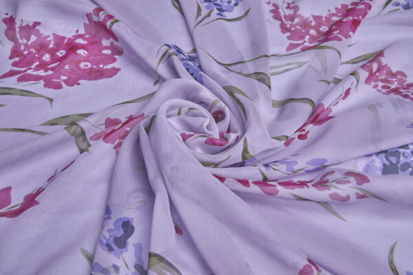 Purple and Pink Floral Print on Violet Silk Georgette fabric