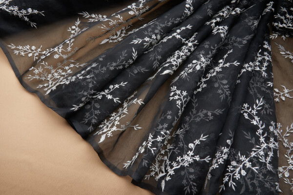 White Cherry Blossom Branch Embroidery on Black Silk Organza
