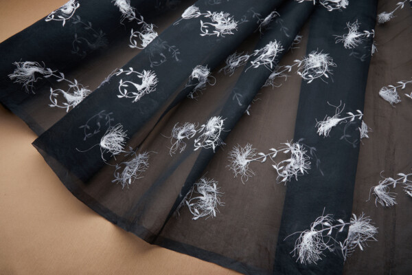 Vintage White Tufty Flower Embroidery on Black Silk Organza