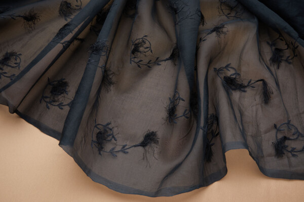 Vintage Black Tufty Flower Embroidery on Black Silk Organza