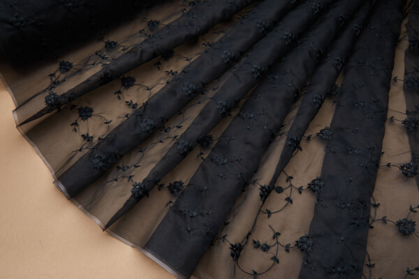 Dainty Roses Bouquet Embroidery on Silk Organza - Black