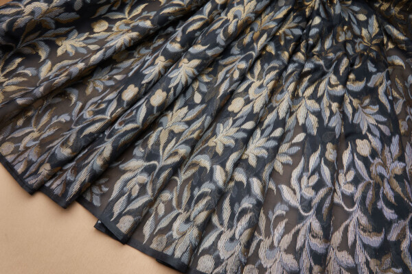 Fil Coupe Floral and Foliage Organza in Black Gold and Silver