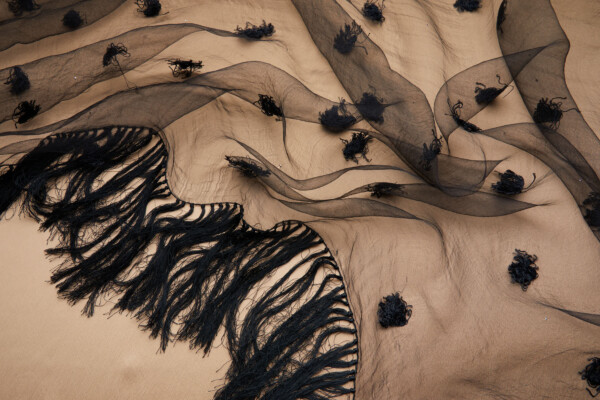 Vintage Black SIlk Gauze with Tufts, Microstuds and Handmade Fringing