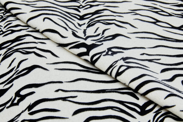 Black Flock Printed Zebra Pattern on Ivory Wool fabric