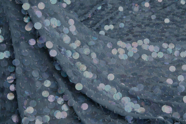 Blueish Grey Round Iridescent Sequins on Silk Chiffon fabric