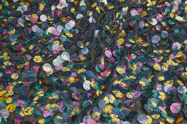 Holographic Floral Printed Sequin on Black Silk Chiffon fabric