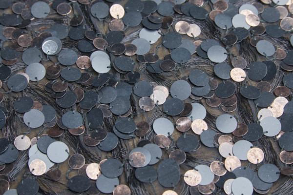 Matt Black & Tarnished Copper Sequins with Black Metal Thread on Silk Chiffon fabric