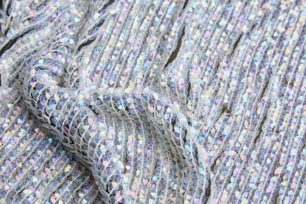 Clear Iridescent Cupped Sequins on Black Silk Chiffon fabric
