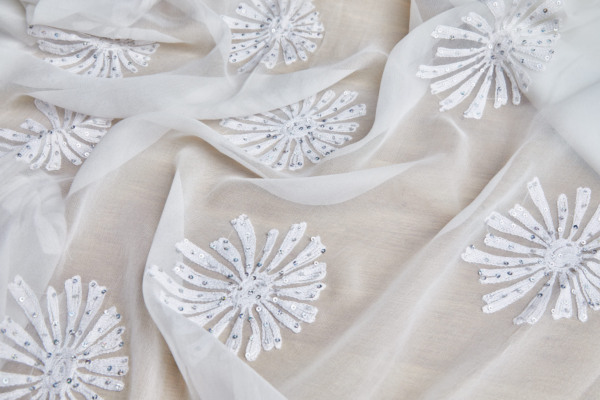 Ivory Chiffon with Large embroidered Flowers fabric