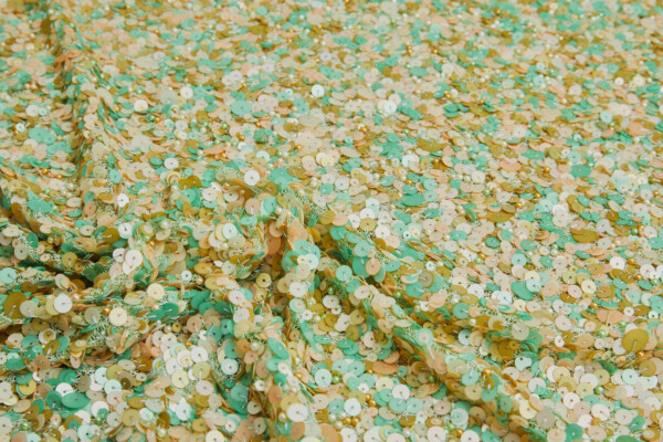 Multi Sequin in Light Peach, Chartreuse, Mint Green on Light Green Mesh fabric