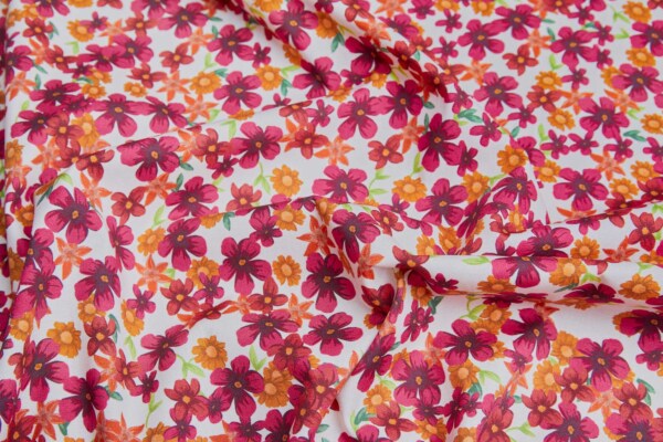 Floral Print Stretch Cotton - Pinks, Orange and Greens on Off White fabric