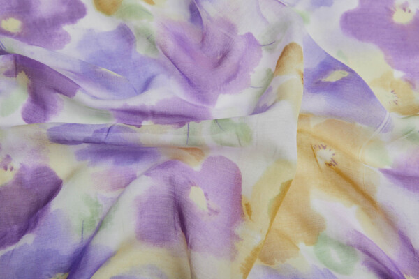 Watercolour Floral Printed Fine Cotton Voile in Lilacs, Violets, Yellows and Greens fabric