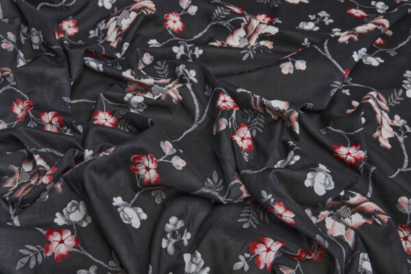 Floral Print Cotton - Black, Red, Pink, Grey and Off White fabric