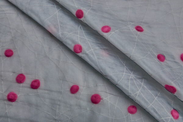 Quilted Effect Bonded Organza Fabric with Pompoms - Black and Pink