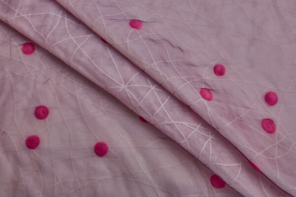 Quilted Effect Bonded Organza Fabric with Pompoms - Mulberry and Pink