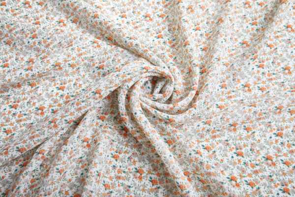 Ditsy Floral Crepe  - Orange, Green, Grey on Ivory fabric