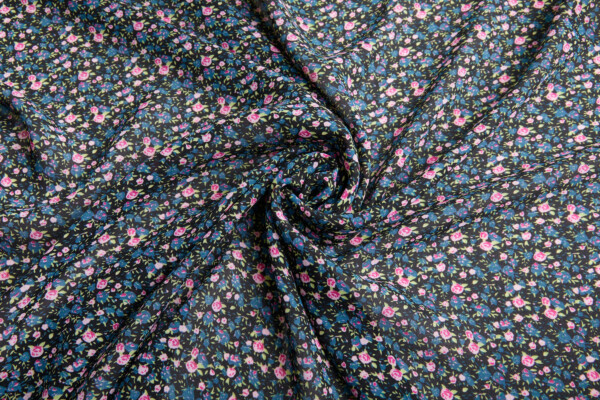 Ditsy Floral Crepe  - Pink, Blue, Green on Black fabric