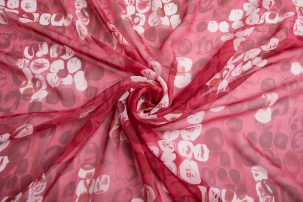 Abstract "Microscope Biology" Printed Chiffon in Reds, Pinks and Ivory fabric
