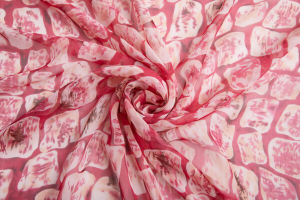 Abstract "Microscope Biology" Printed Chiffon in Reds, Pinks and Ivory fabric