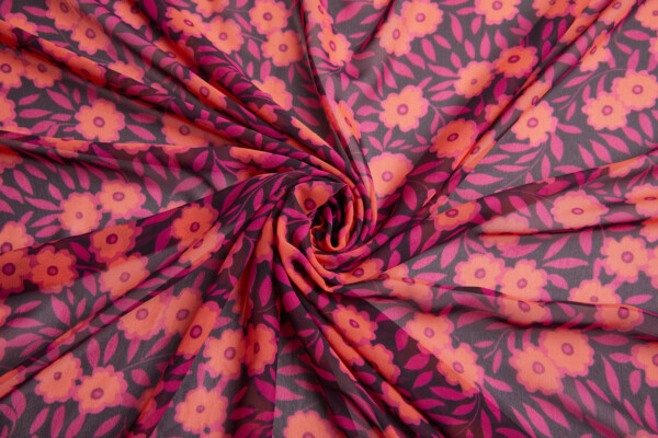 Playful Floral Printed Chiffon - Plum, Magenta & Coral fabric