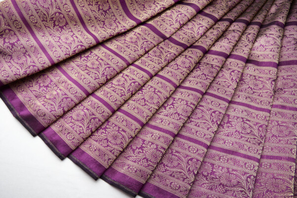 Striped Floral Banaras Brocade - African Violet, Black and Gold fabric