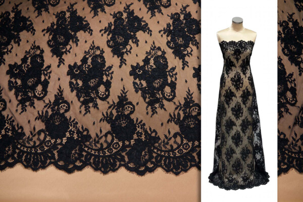 Rose Bouquet French Corded Leavers Lace in Black