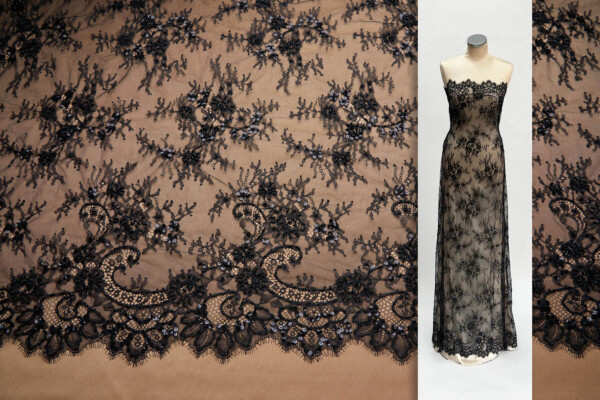 Beaded and Sequinned Chantilly Lace in Black