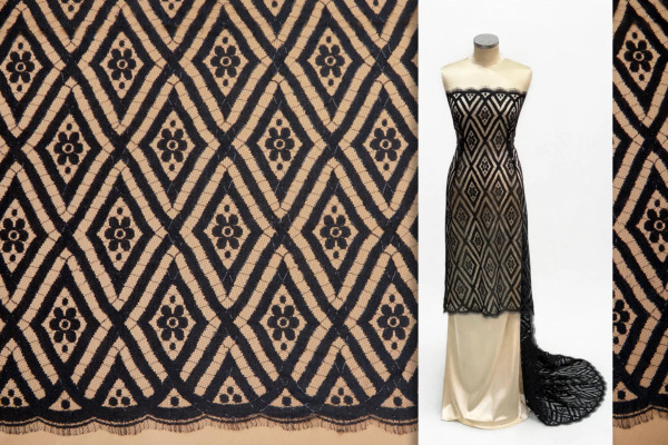 Diamond Pattern with Flowers and Lurex Detail in Black 