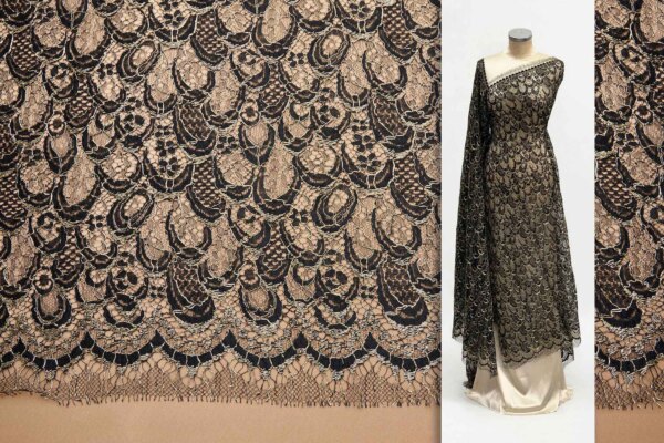 Abstract Feathers Leavers Lace - Black with Gold Cording