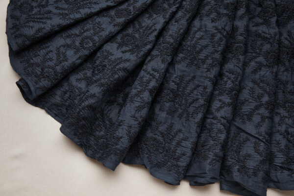 Black Cotton Floral Spray Embroidery on Washed Black Cotton Mull