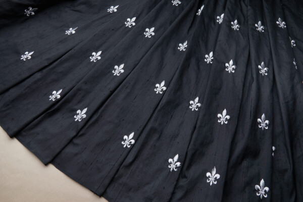 Silver Fleur de Lys Embroidery on Black Silk Dupion