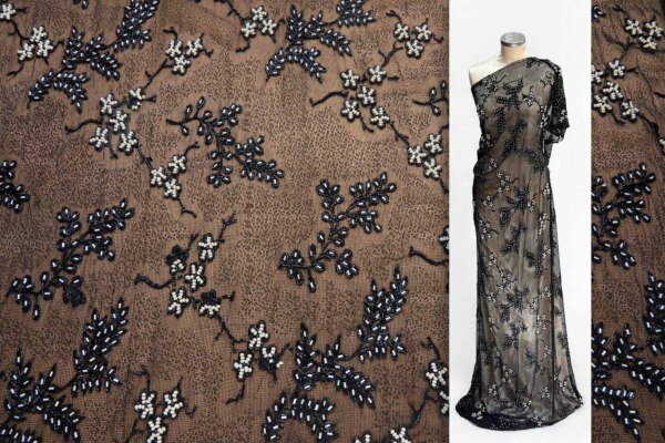Vintage Black Floral Lace with Black and White Beaded Flowers and Twigs fabric