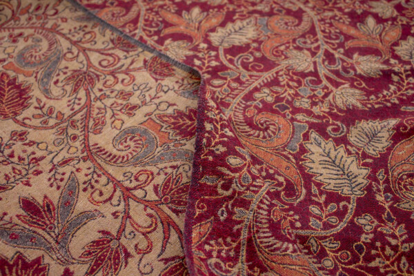 Red Green and Gold Leaf Pattern Wool Challis fabric