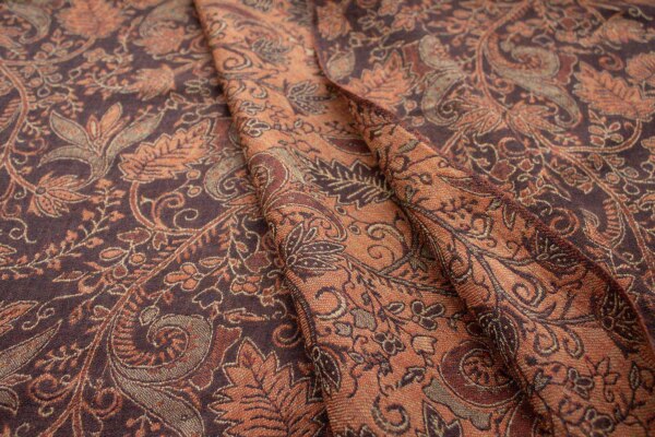 Brown, Beige and Orange Leaf Pattern Wool Challis fabric