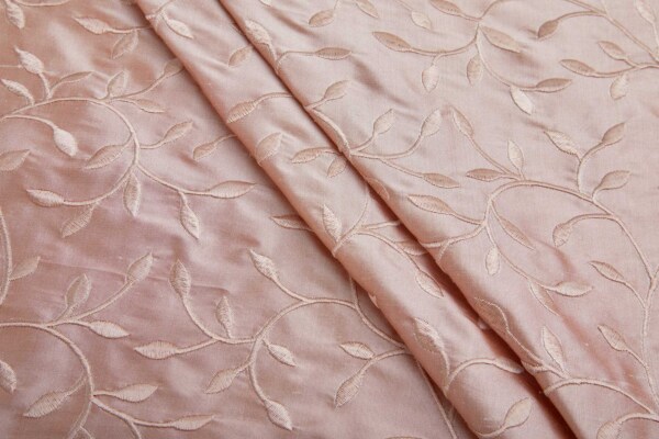 Embroidered Silk Dupion - Pink Leaves and Vines On Pink fabric