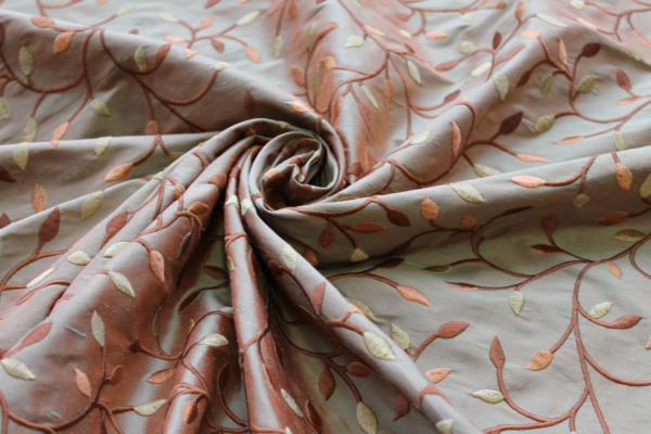 Embroidered Silk Dupion - Gold Copper and Brown Leaves and Vines On Orange shot Green fabric
