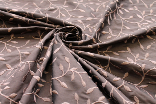 Embroidered Silk Dupion - Brown Leaves and Vines On Brown fabric