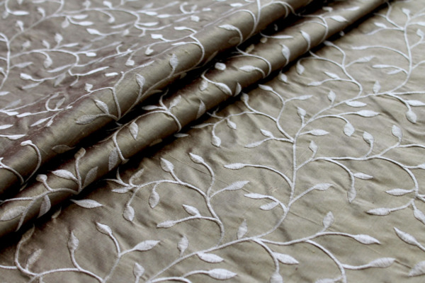 Embroidered Silk Dupion - Golden Leaves and Vines On Deep Gold fabric