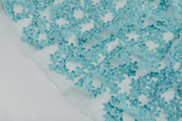 Beaded and Embroidered Flowers on Tulle - Aqua fabric